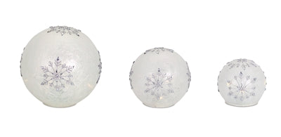 LED Snowflake Globes with 6 Hour Timer Set of 3 4in-8in Diameter Glass