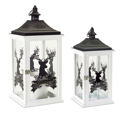 Wood Merry Christmas Lantern with Deer Design Set of 2