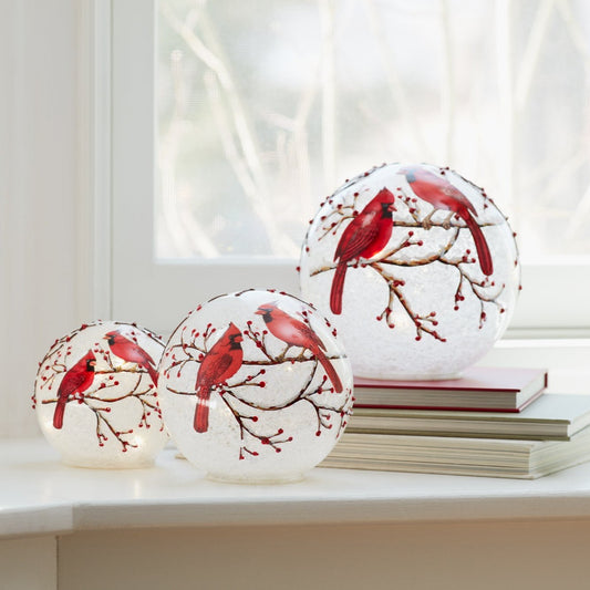 LED Frosted Cardinal Orb with Berry Branch Design Set of 3