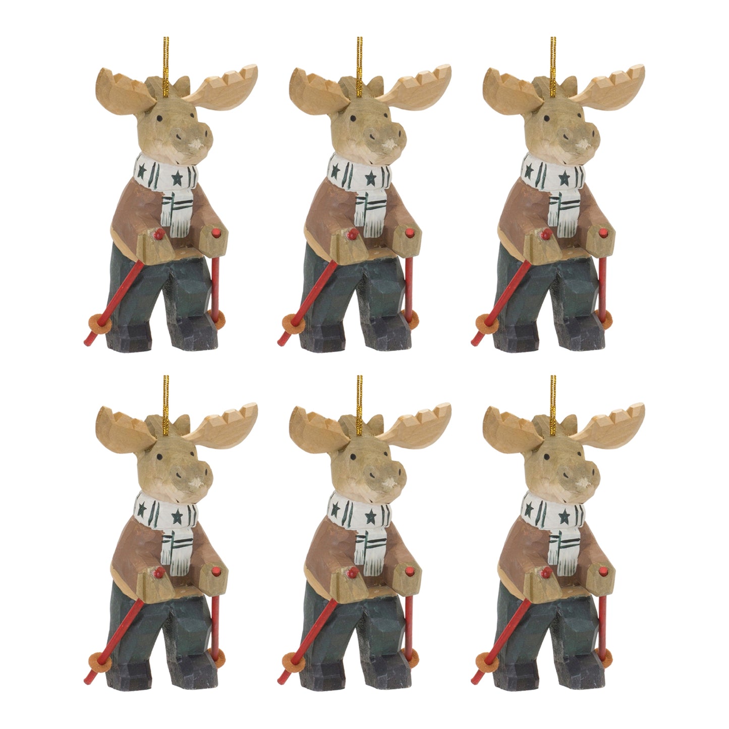 Wooden Moose On Skis Ornament Set Of 6