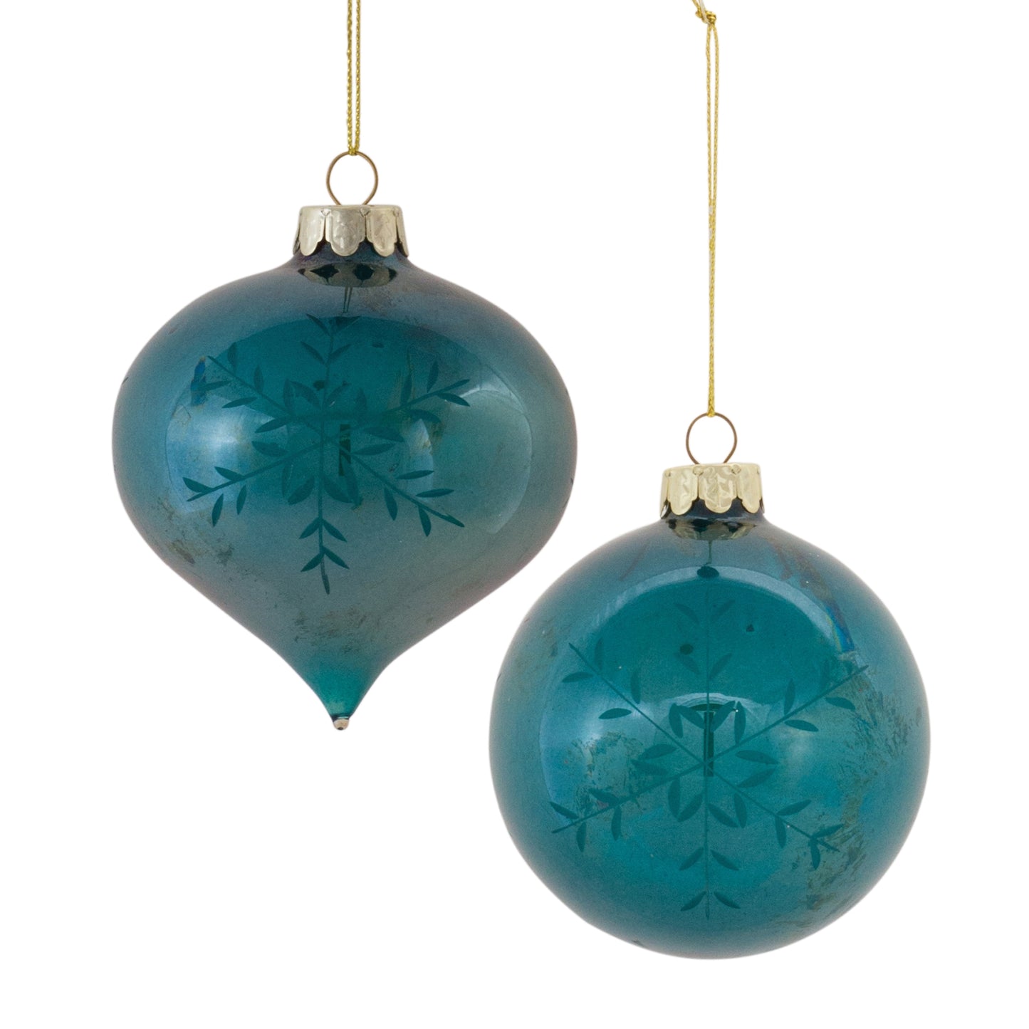 Snowflake Etched Green Glass Ornament Set Of 12