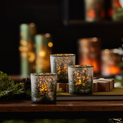 Frosted Pine Mercury Glass Candle Holder Set of 3