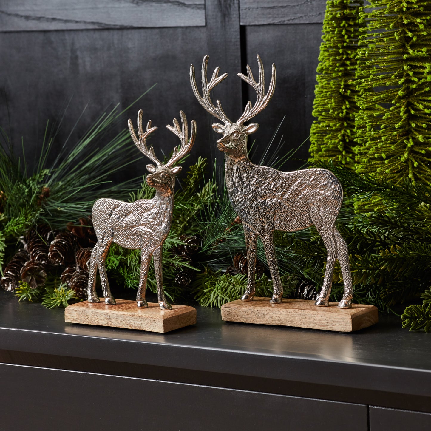 Metal Deer Silhouette with Wood Base Set of 2