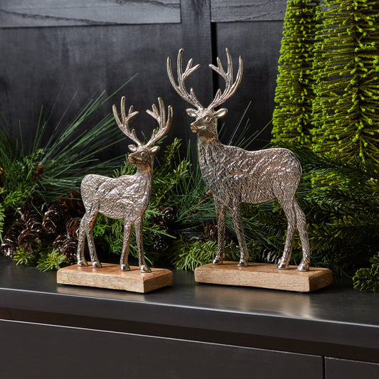 Metal Deer Silhouette with Wood Base Set of 2