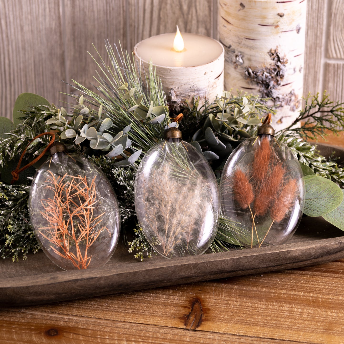 Burgundy Dried Floral Glass Ornament Set of 12