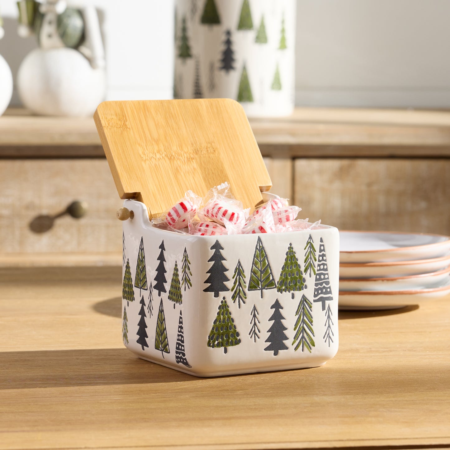 Ceramic Pine Tree Canister with Wood Lid