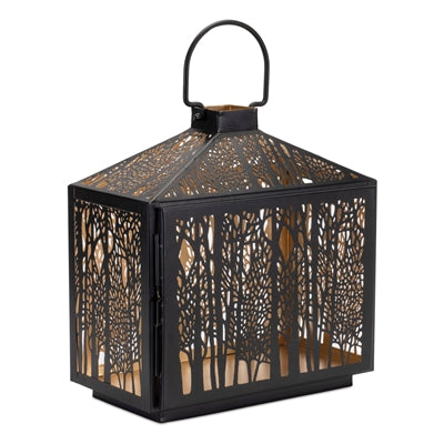 Forest Cut Metal Lantern with Gold Accent 12in Height