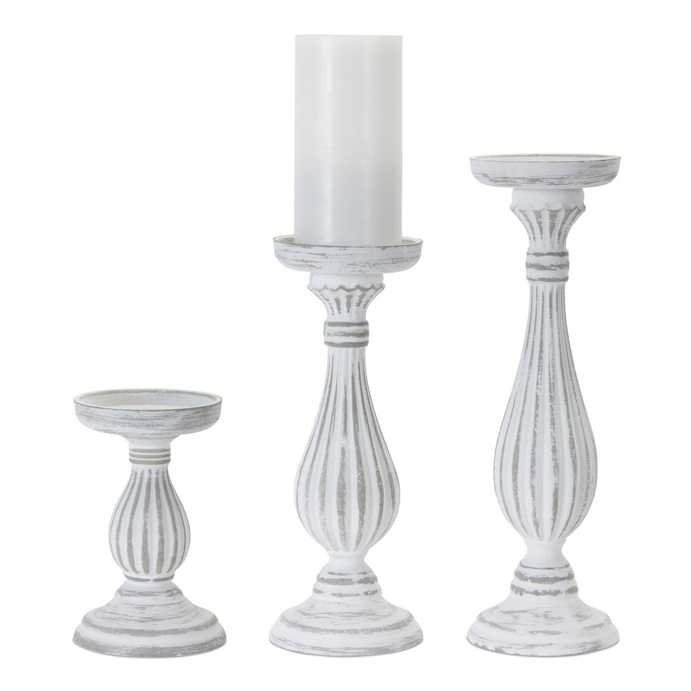 Three Rustic Column Candle Holders White 7", 11.25", 13.5"
