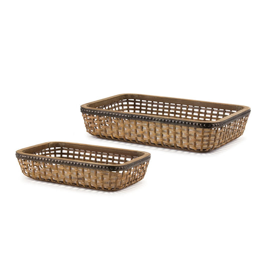 Wood and Bamboo Wicker Tray Set