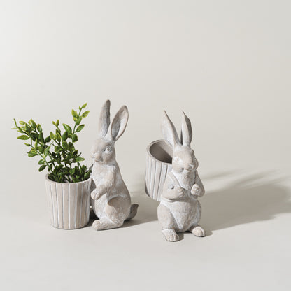 Bunny With Pot Figurines Set Of 2