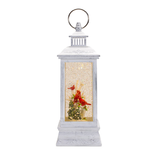 White Lantern Snow Globe With Cardinal